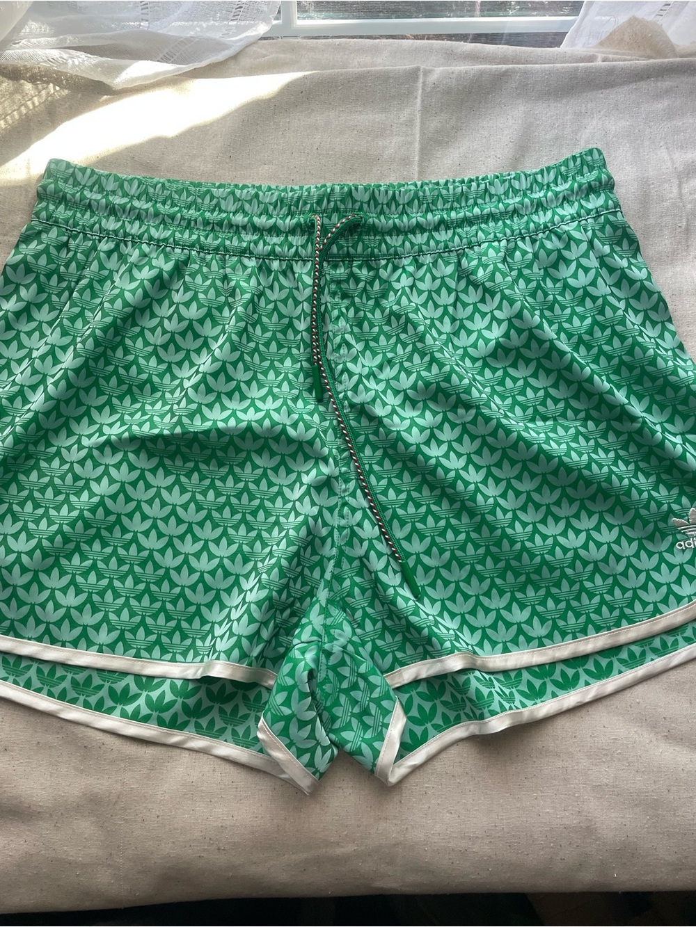 adidas Women's Green Trefoil-Print Running Shorts with White Trim - Picture 3 of 7